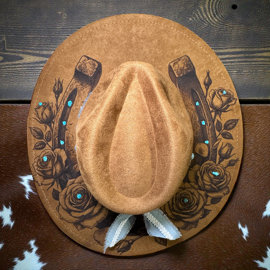 Laser Engraved Horseshoe and Roses Western Hat with Custom Hat Band