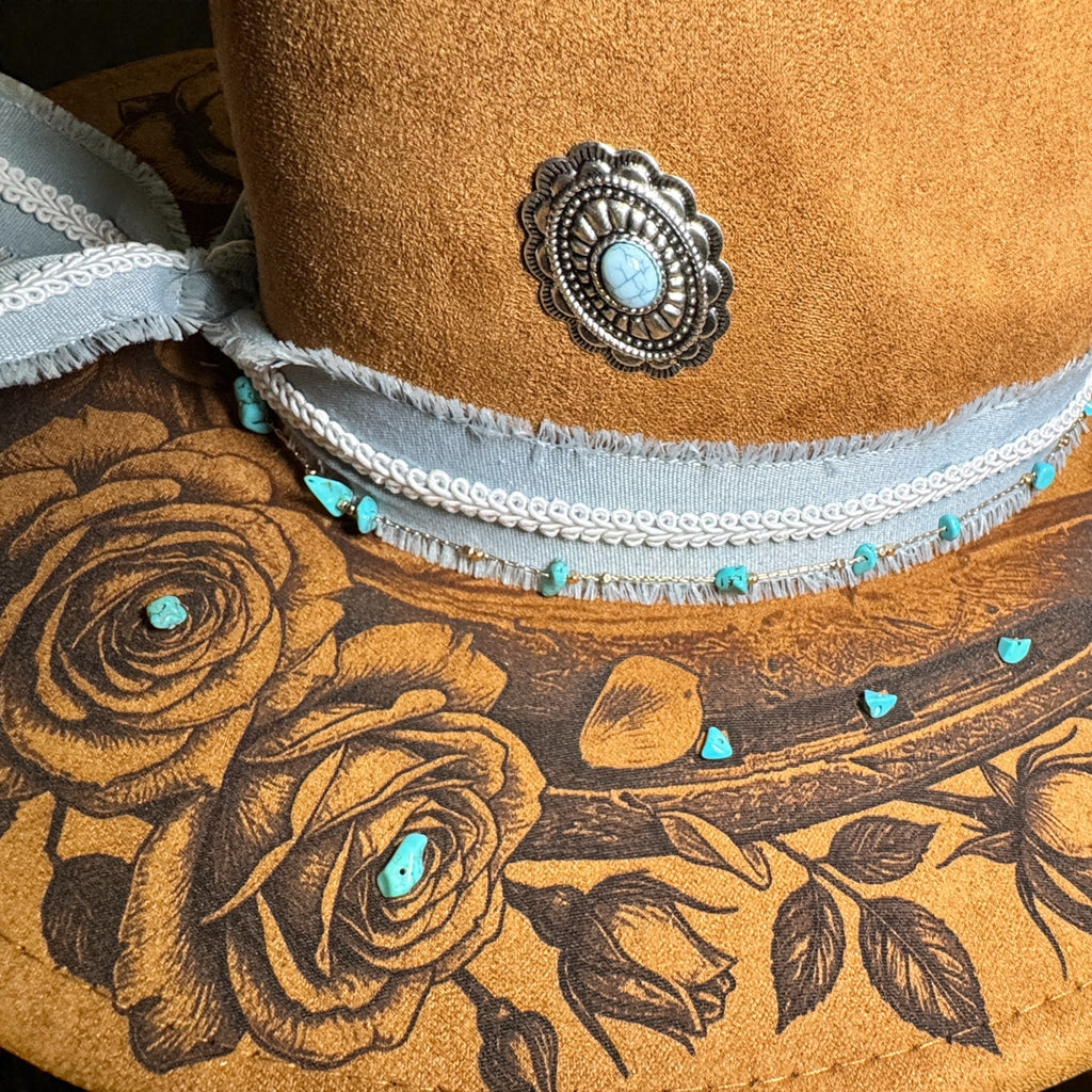 Laser Engraved Horseshoe and Roses Western Hat with Custom Hat Band
