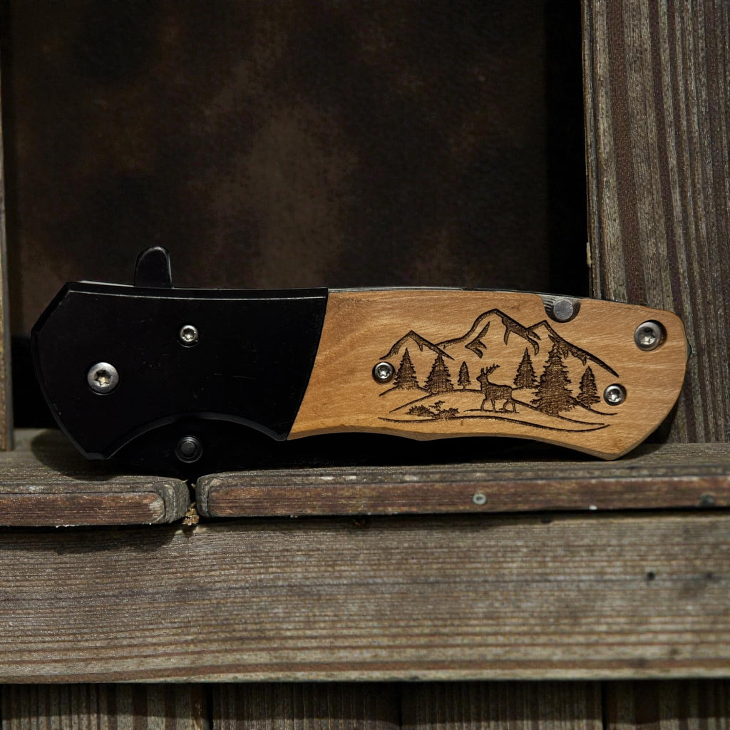 Deer Scene Engraved Pocket Knife