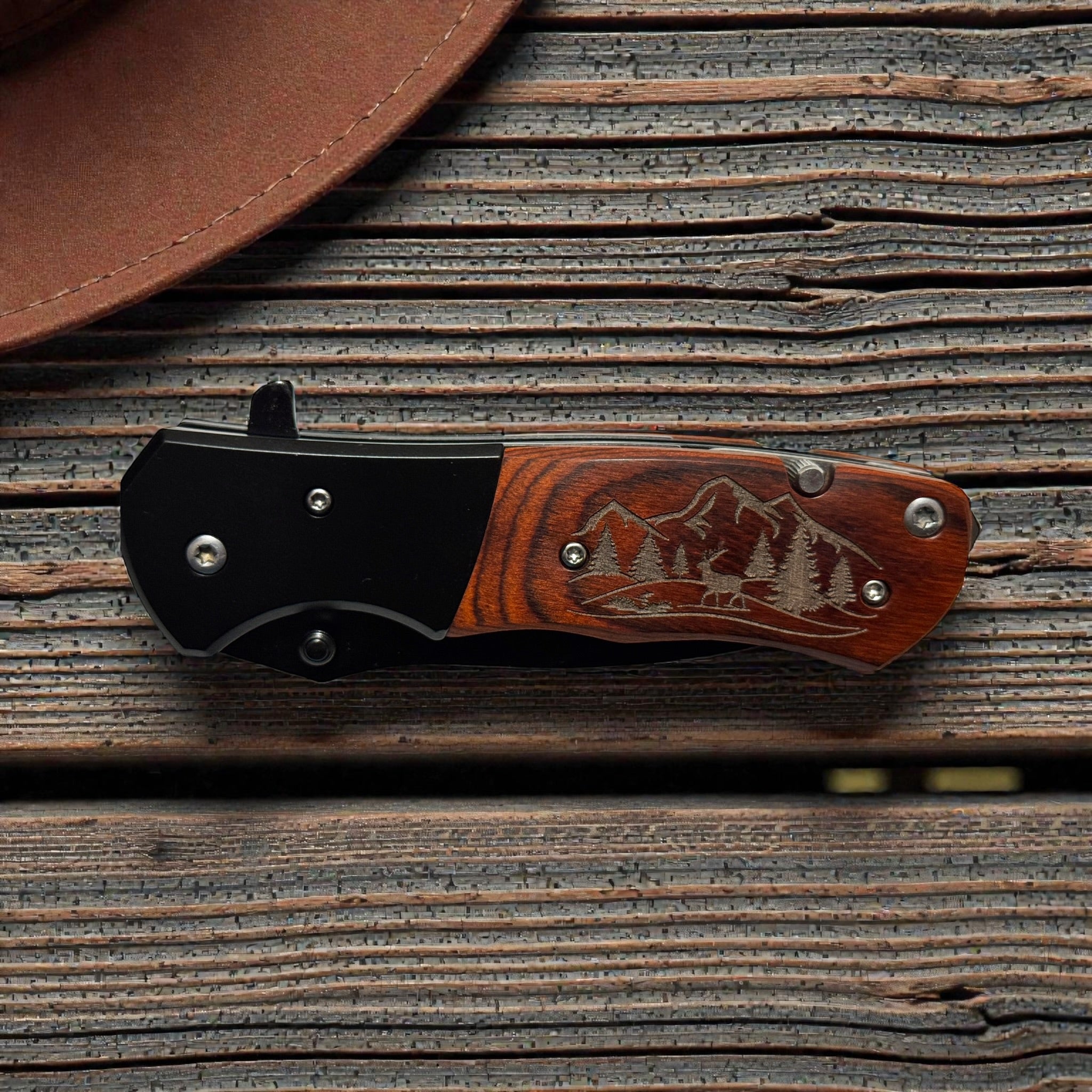 Personalized Pocket Knife - Rosewood Color Wooden Handle