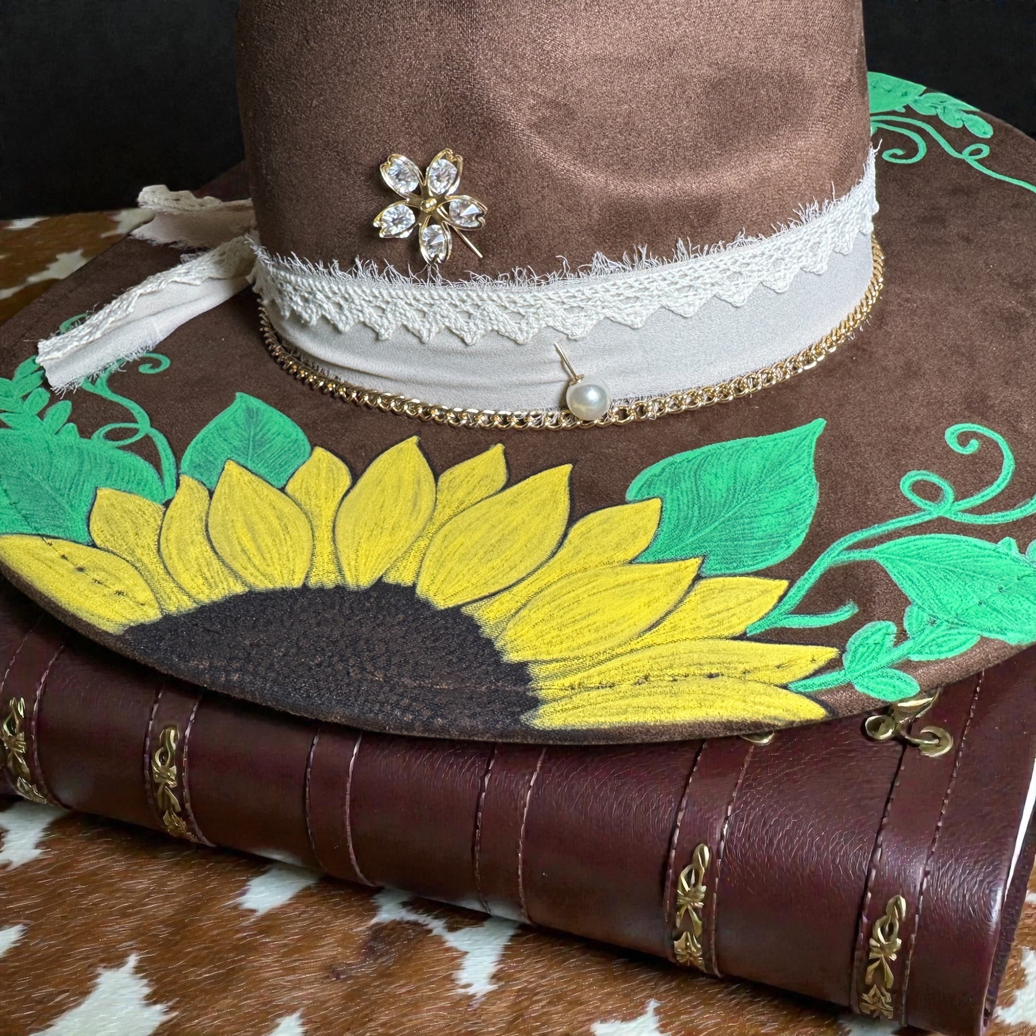 Laser Engraved Hand Painted Sunflower Hat with Custom Hat Band