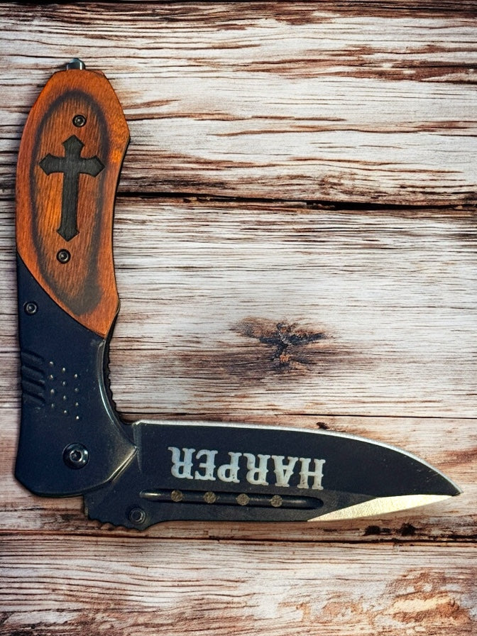 Personalized Pocket Knife - Natural Color Wooden Handle