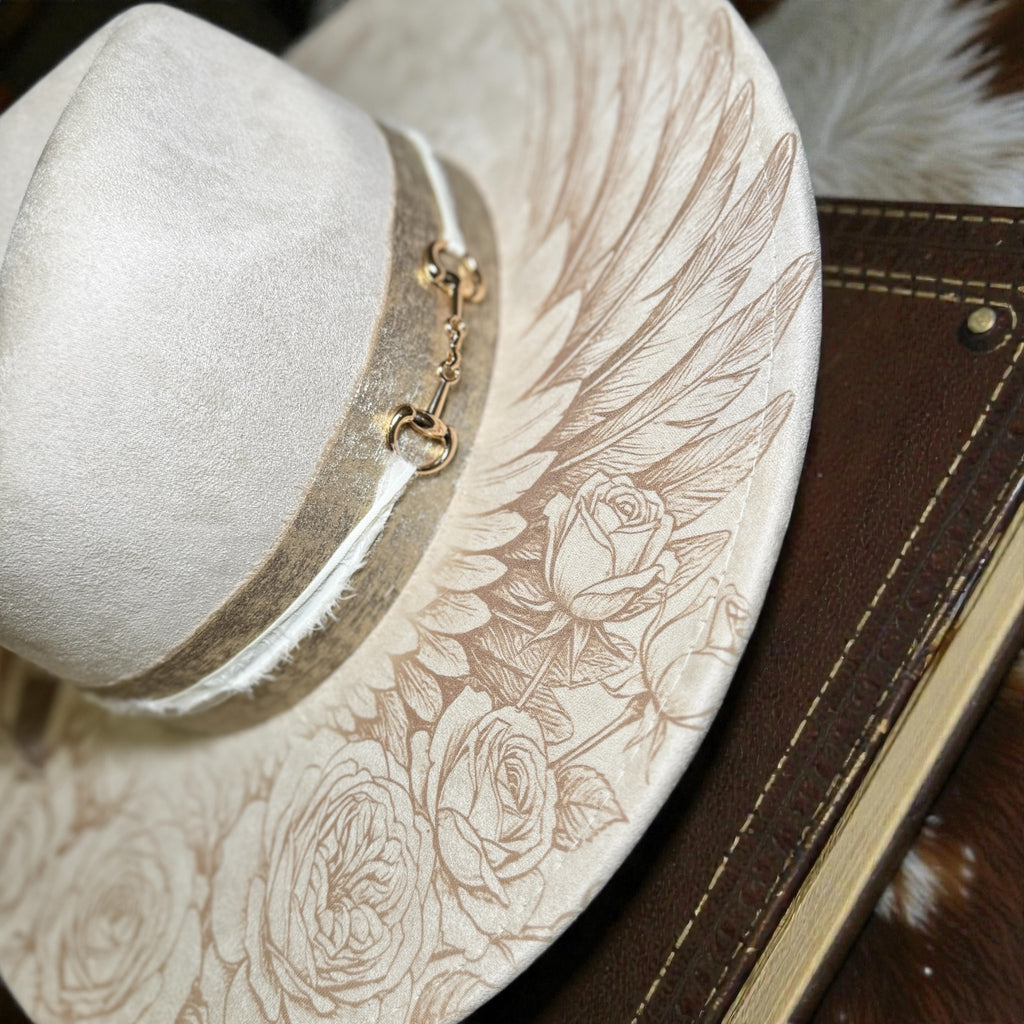 Laser Engraved Wings and Roses Hat with Custom Hat Band