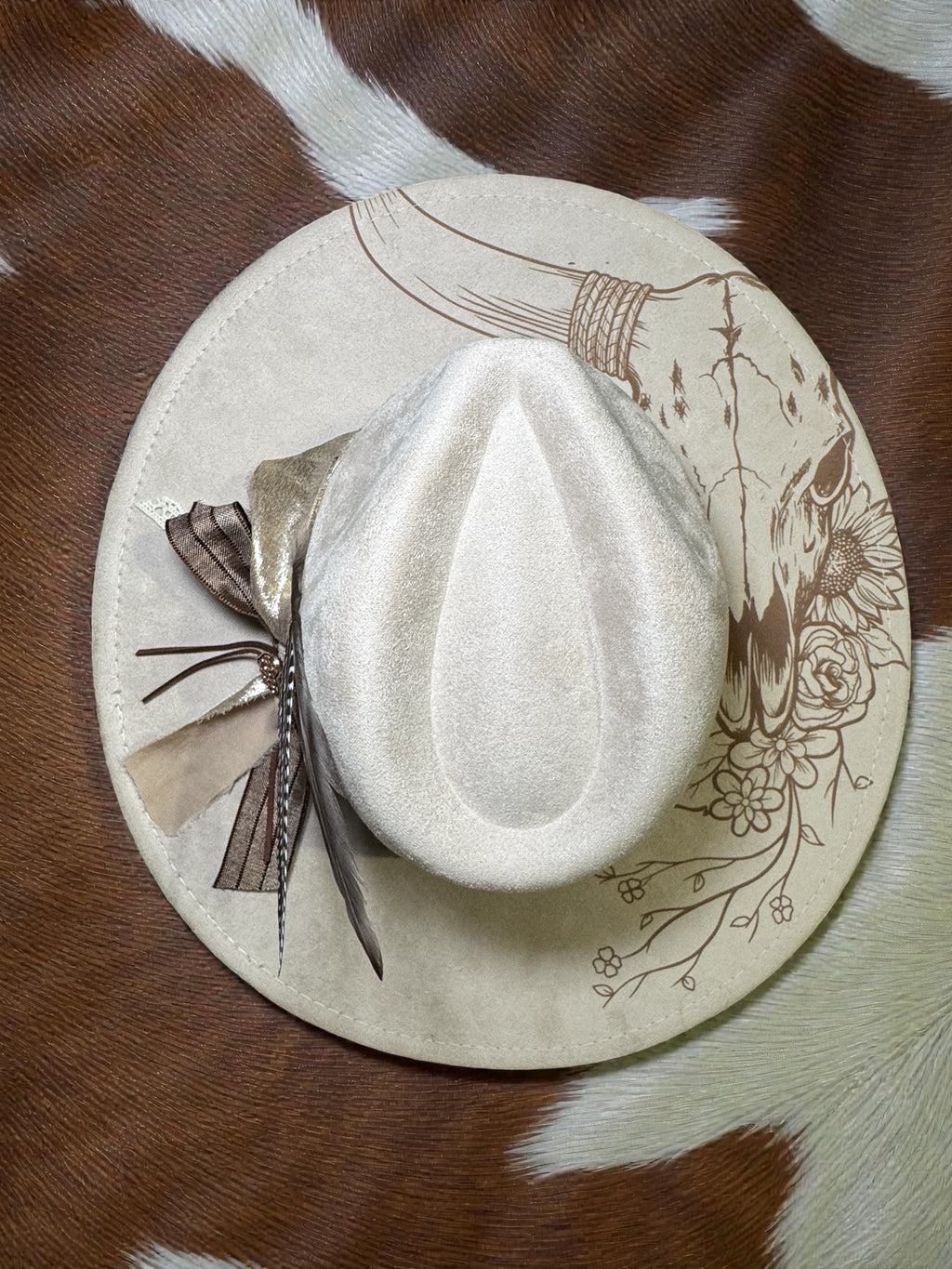 Laser Engraved Steer Skull and Flowers Western Hat with Custom Hat Band
