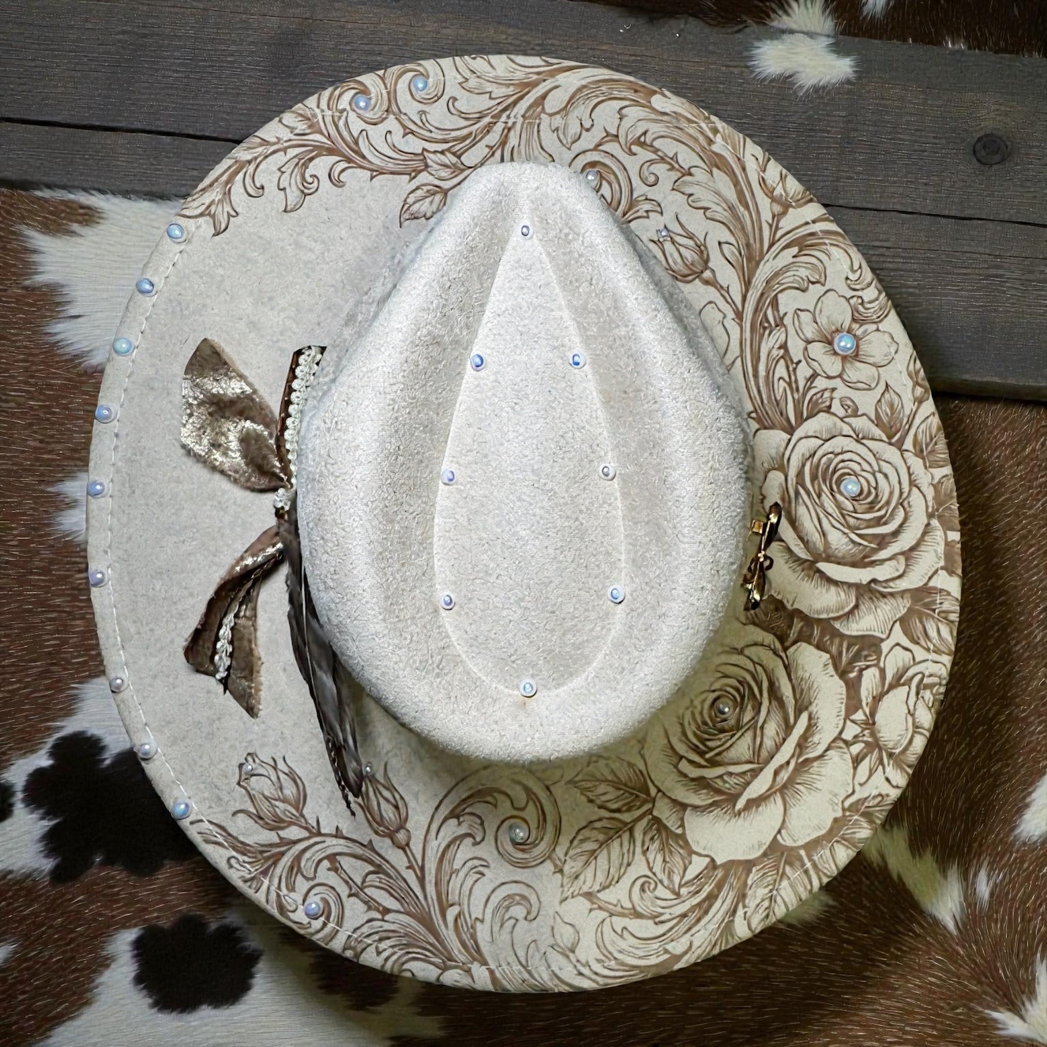Laser Engraved Roses and Pearls Hat with Custom Hat Band