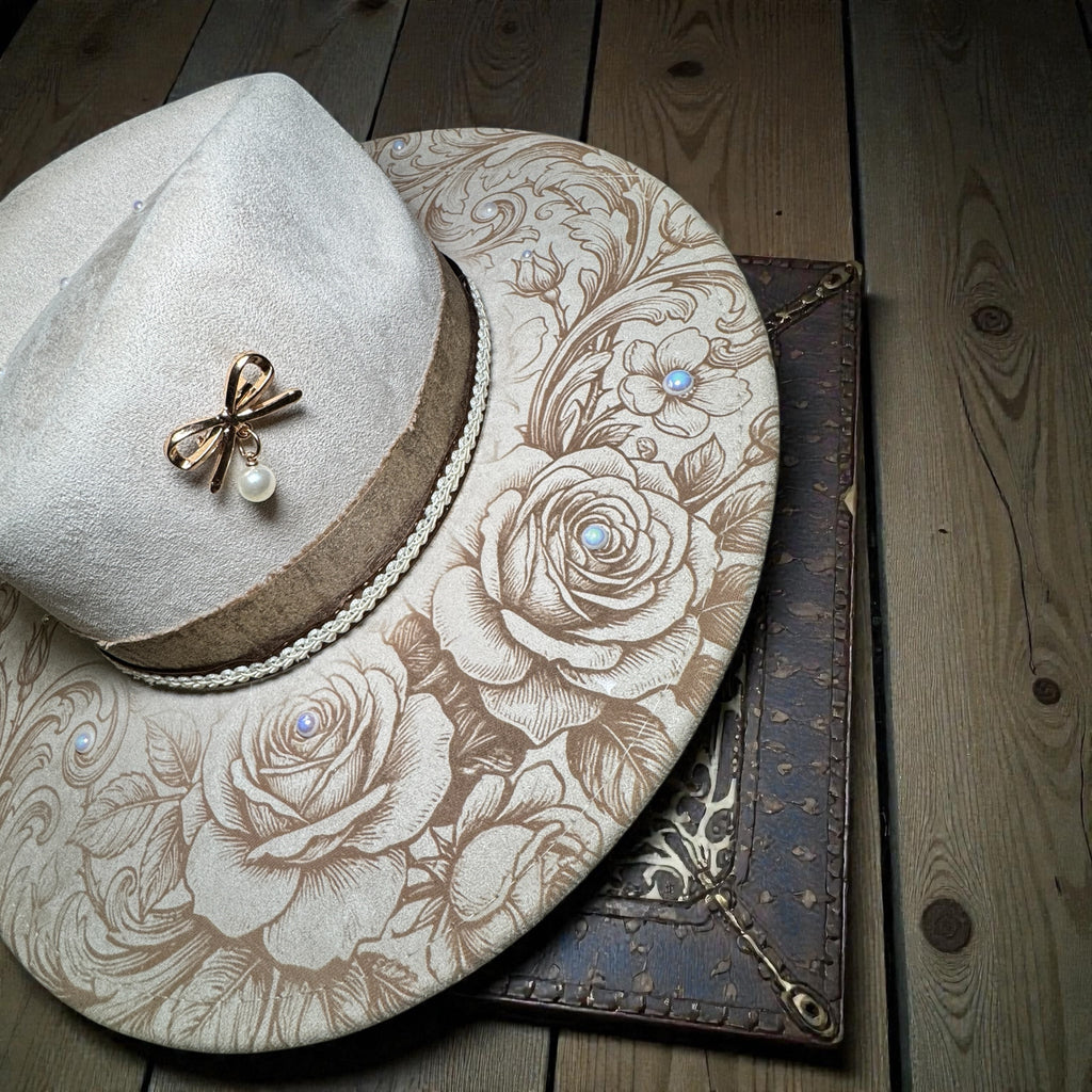 Laser Engraved Roses and Pearls Hat with Custom Hat Band