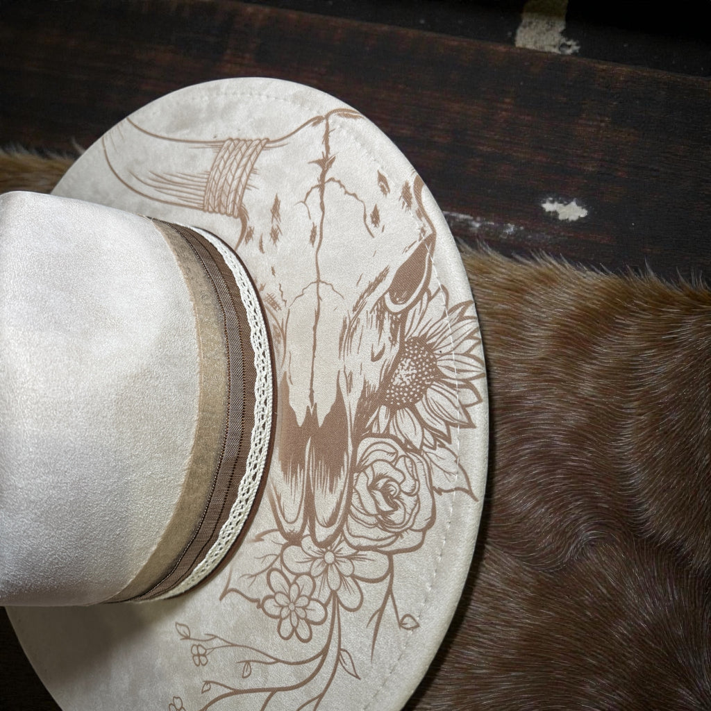 Laser Engraved Steer Skull and Flowers Western Hat with Custom Hat Band