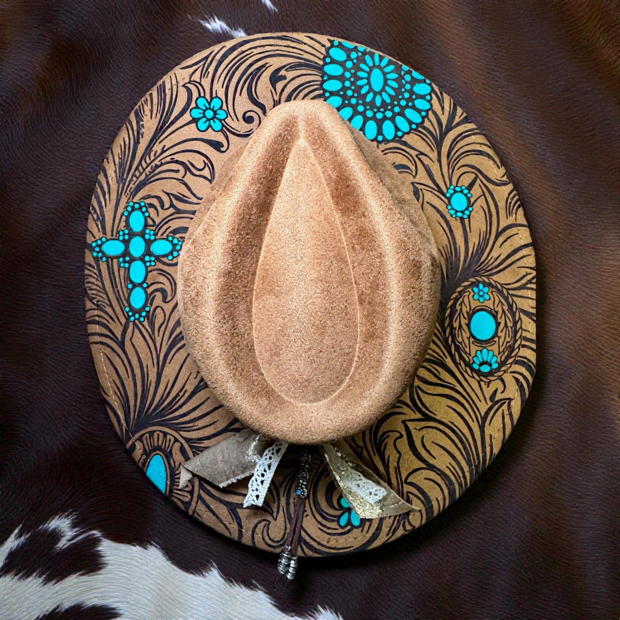 Laser Engraved Turquoise and Leather Hat with Custom Hat Band