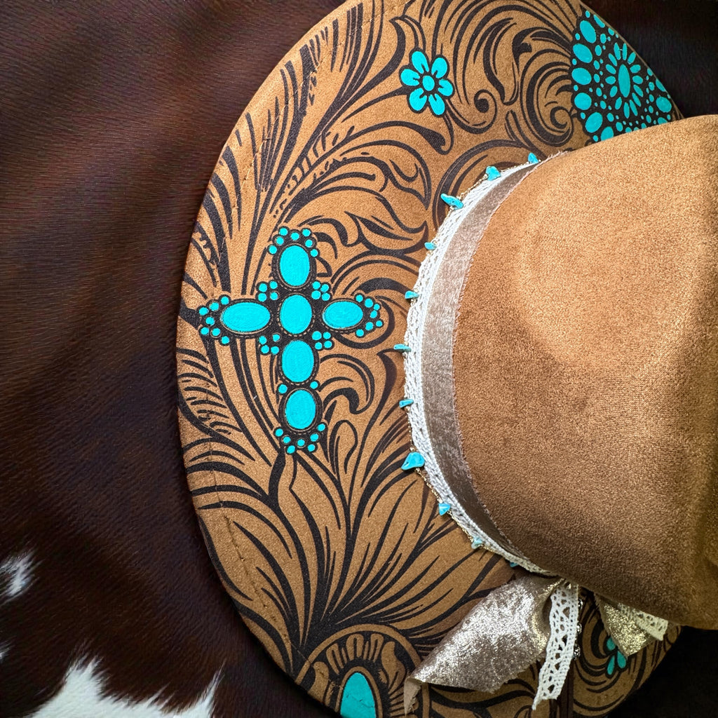 Laser Engraved Turquoise and Leather Hat with Custom Hat Band