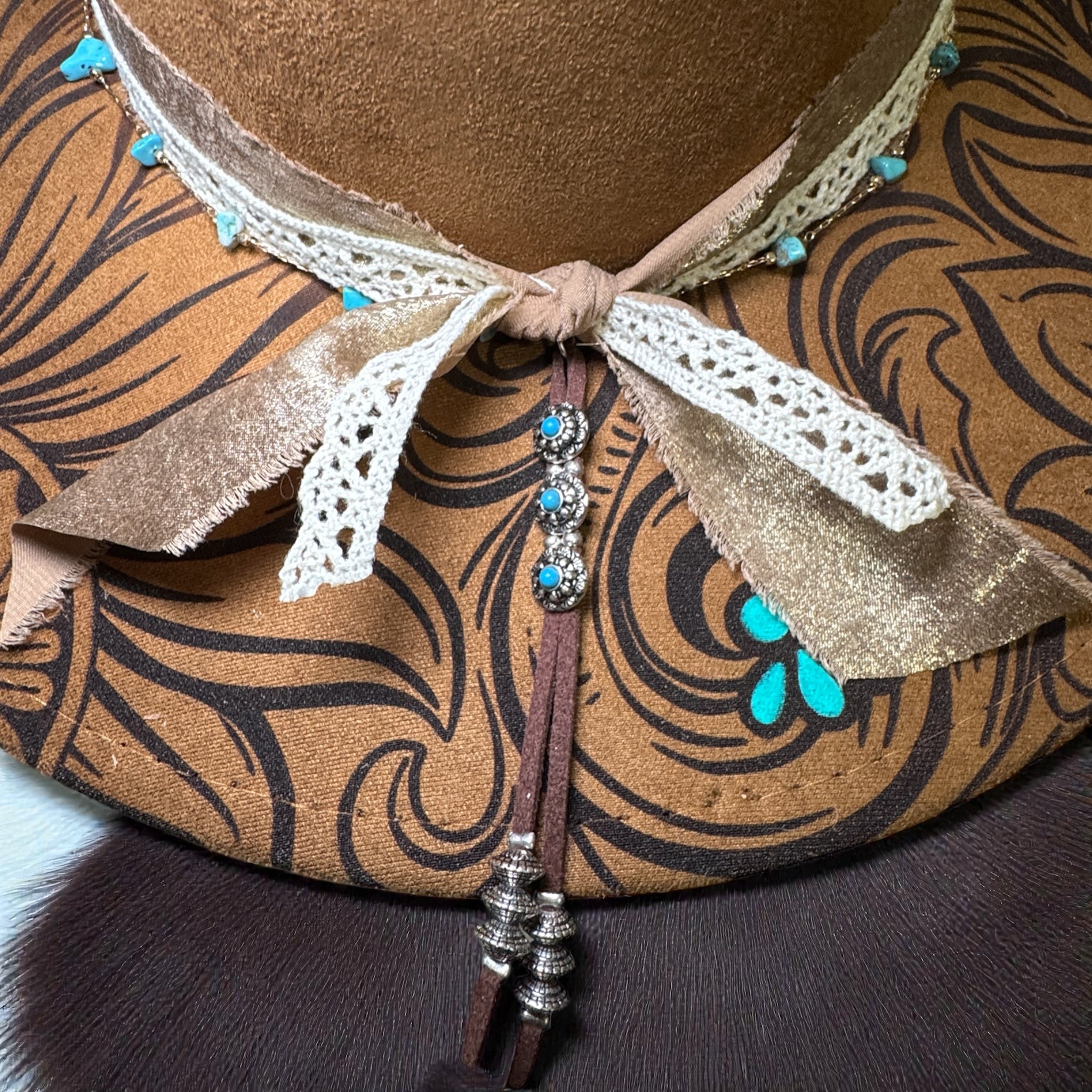 Laser Engraved Turquoise and Leather Hat with Custom Hat Band