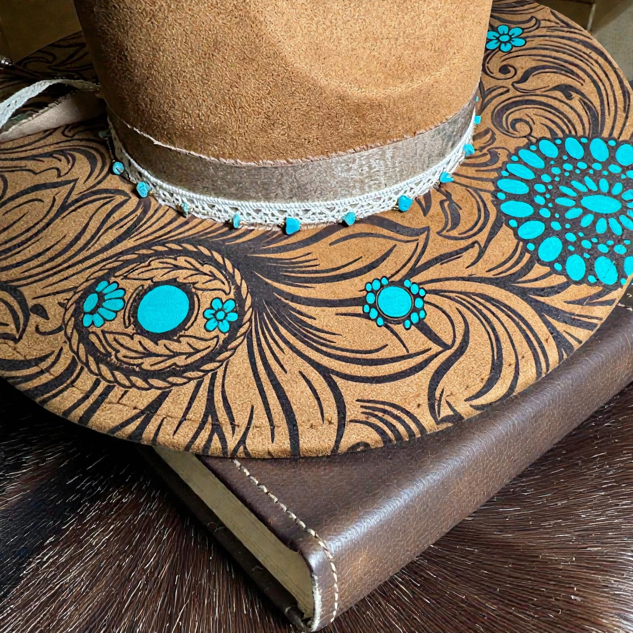 Laser Engraved Turquoise and Leather Hat with Custom Hat Band
